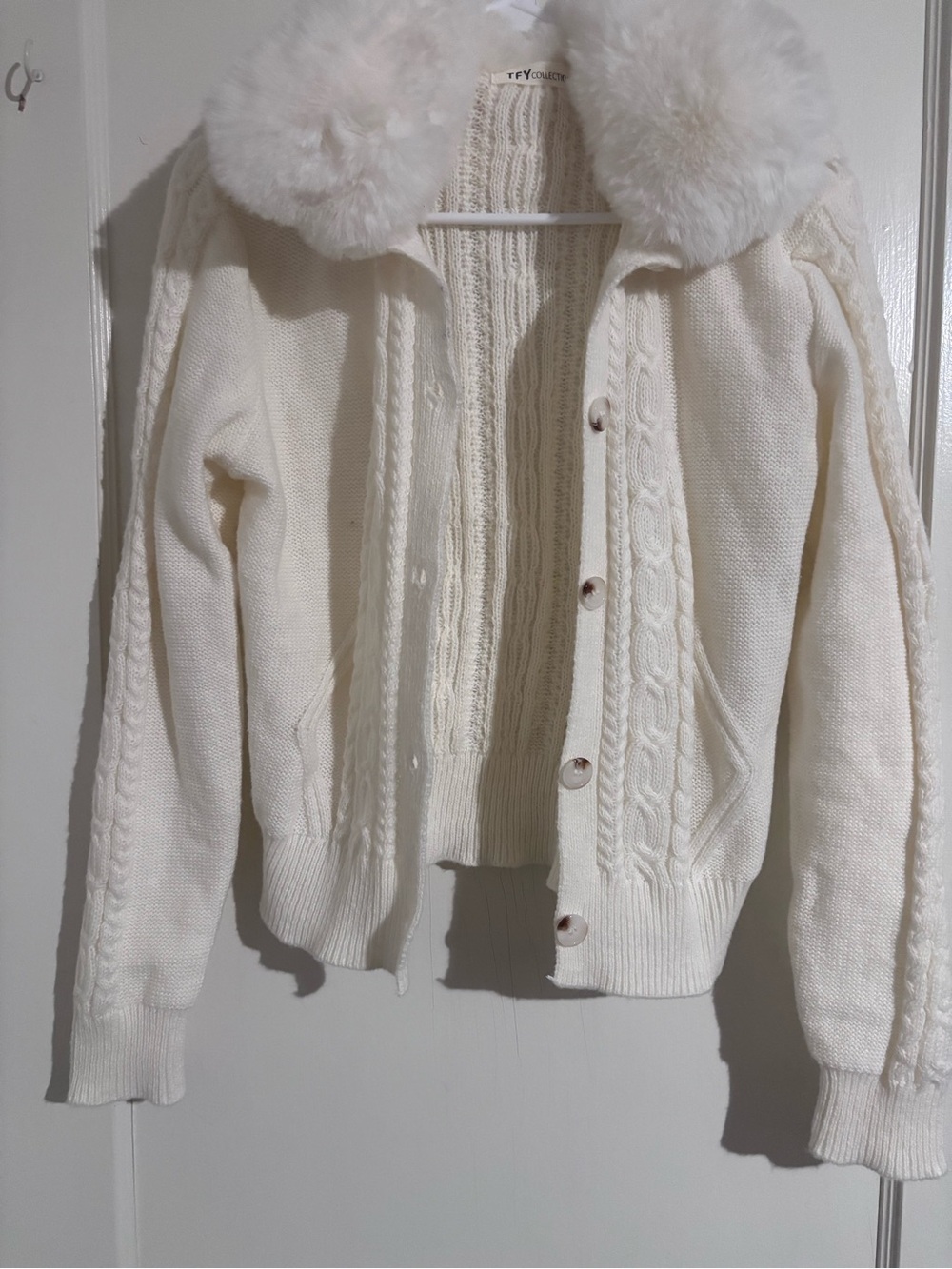 Ivory Cable-Knit Cardigan with Faux Fur Collar
